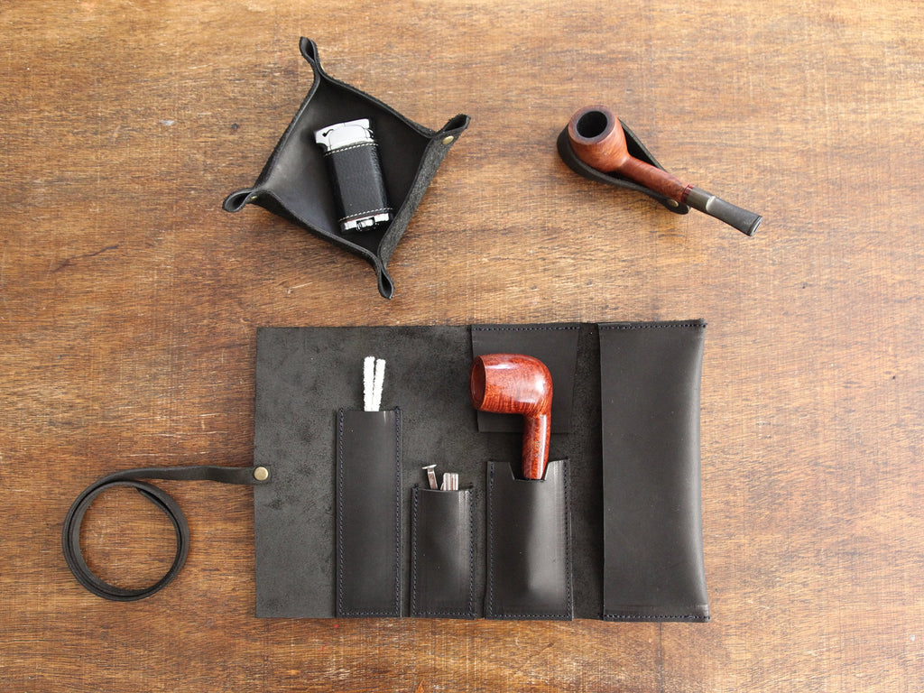 Leather Mini Pipe Pouch, Leather Pipe Rollup Bag for 1-Pipe, Handmade Pocketsize Pipe Roll, Matte Black