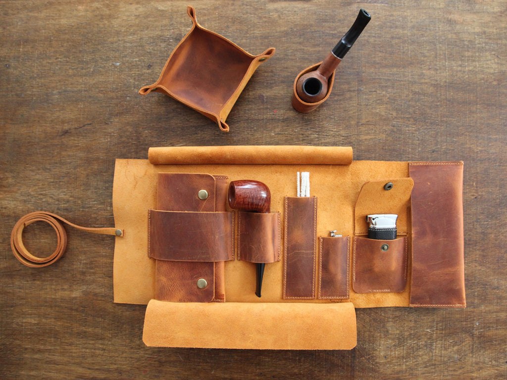 Leather Pipe Pouch for 1-Pipe, Handmade 1-Pipe Rollup Bag, Single-Pipe Rollup Pouch, Camel