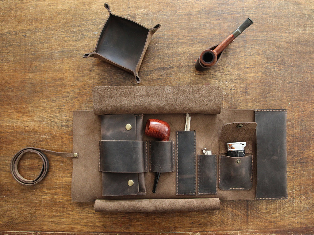 Leather Pipe Pouch for 1-Pipe, Handmade 1-Pipe Rollup Bag, Single-Pipe Rollup Pouch, Chestnut