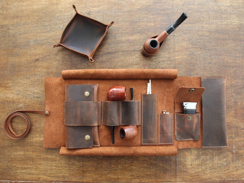 Leather Pipe Pouch for 2-Pipes, Handmade 2-Pipe Rollup Bag, Double-Pipe Rollup Pouch, Tobacco