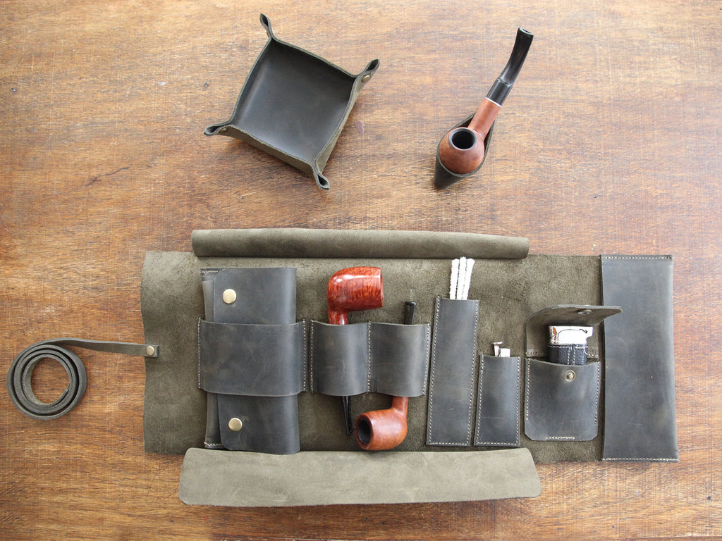 Leather Pipe Pouch for 2-Pipes, Handmade 2-Pipe Rollup Bag, Double-Pipe Rollup Pouch, Dark Green