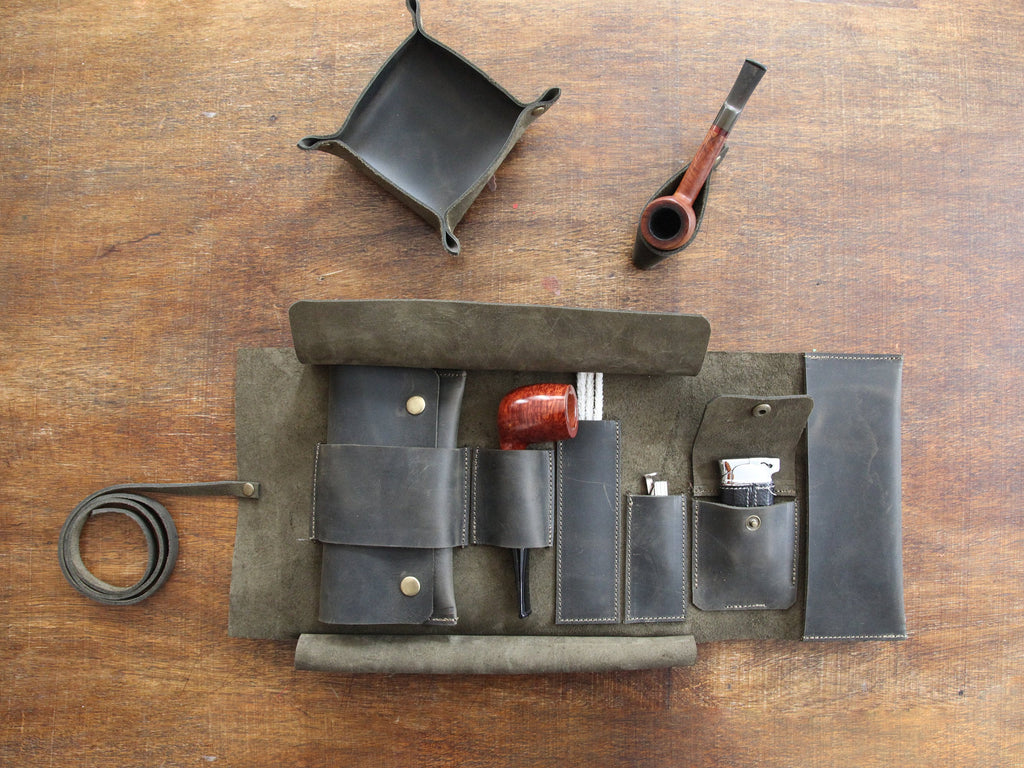 Leather Pipe Pouch for 1-Pipe, Handmade 1-Pipe Rollup Bag, Single-Pipe Rollup Pouch, Dark Green
