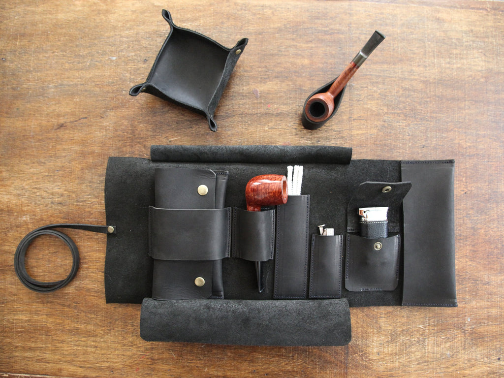 Leather Pipe Pouch for 1-Pipe, Handmade 1-Pipe Rollup Bag, Single-Pipe Rollup Pouch, Matte Black
