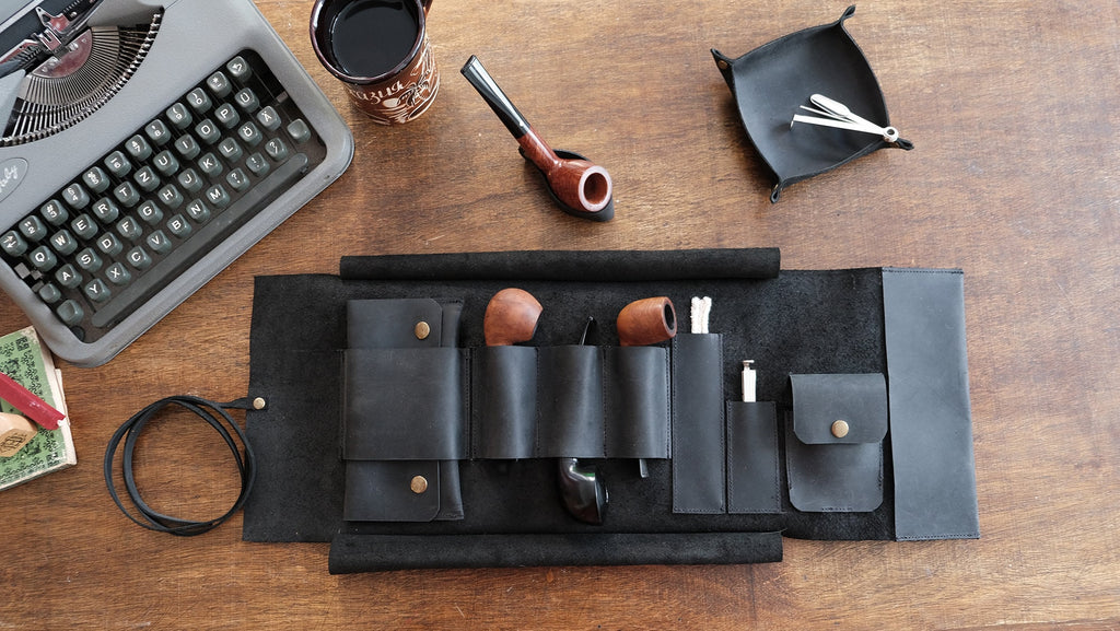 Leather Pipe Pouch for 3-Pipes, Handmade 3-Pipe Rollup Bag, The Pipe Bag, Matte Black