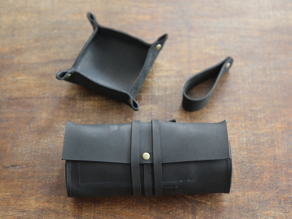 Leather Pipe Pouch Full Set, Handmade Pipe Rollup Bag, Tobacco Pouch, Pipe Stand, Valet Tray, The Pipe Smokers Full Set, Matte Black