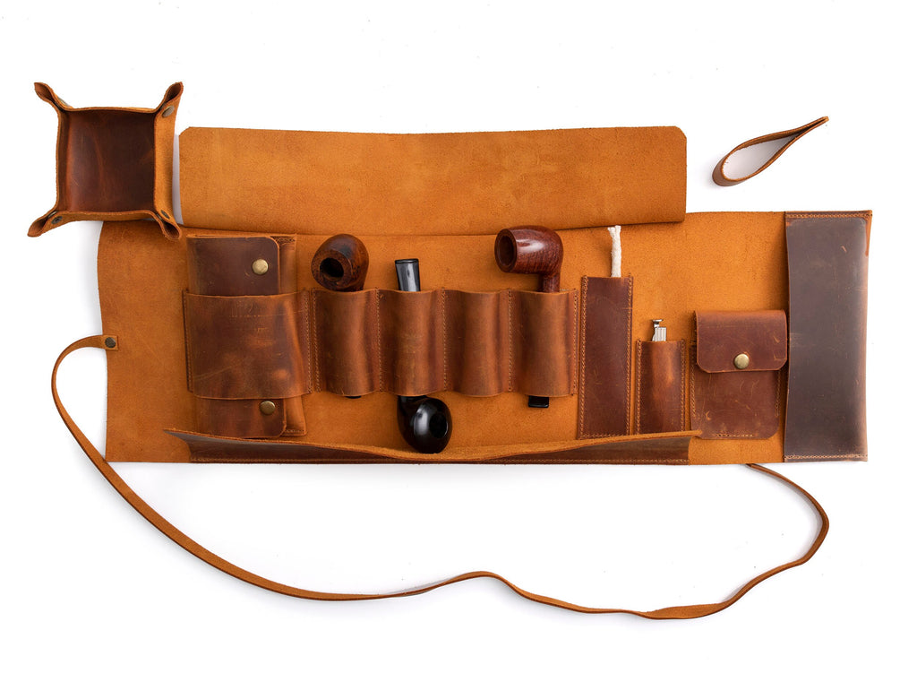 Leather Pipe Pouch for 4-Pipes, Handmade 4-Pipe Rollup Bag, Quadruple-Pipe Roll, Camel