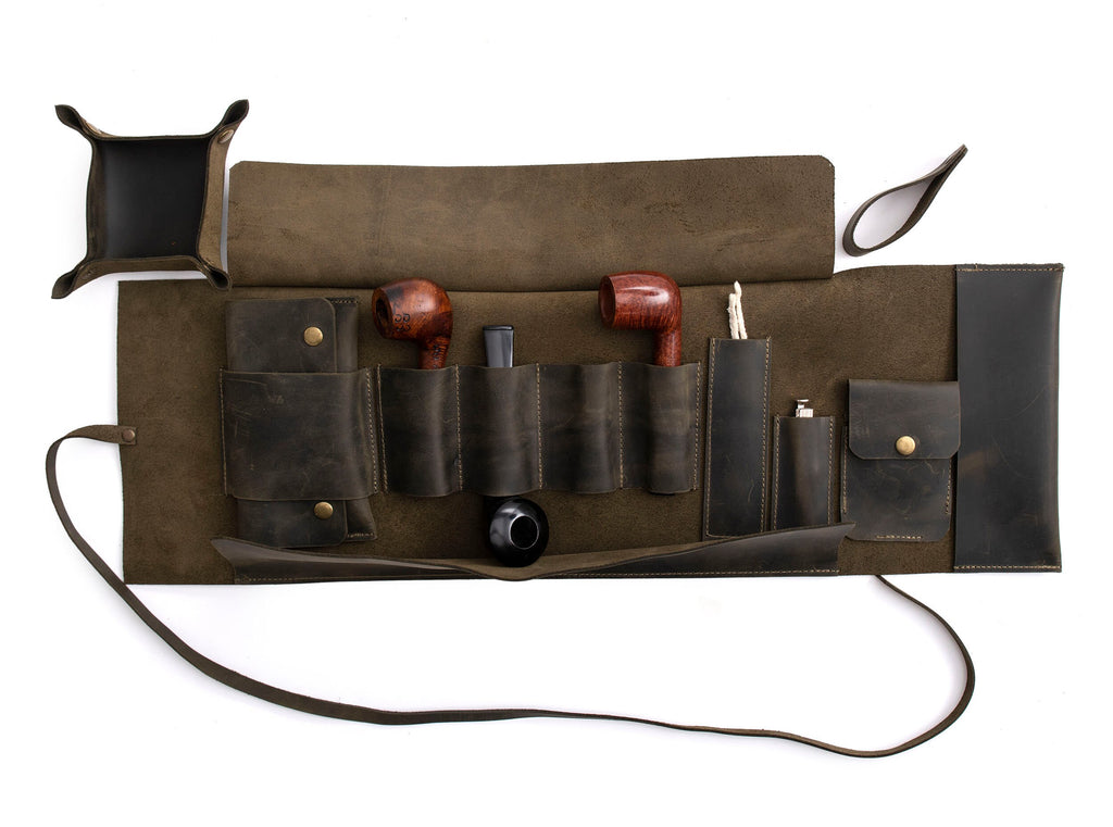 Leather Pipe Pouch for 4-Pipes, Handmade 4-Pipe Rollup Bag, Quadruple-Pipe Roll, Dark Green