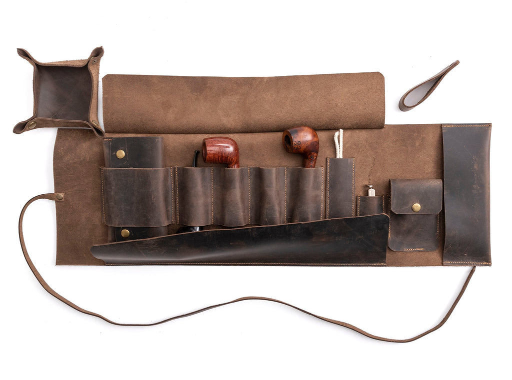 Leather Pipe Pouch for 4-Pipes, Handmade 4-Pipe Rollup Bag, Quadruple-Pipe Roll, Chestnut