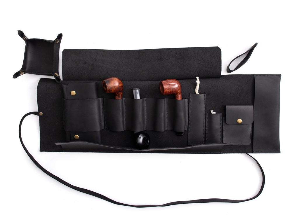 Leather Pipe Pouch for 4-Pipes, Handmade 4-Pipe Rollup Bag, Quadruple-Pipe Roll, Matte Black