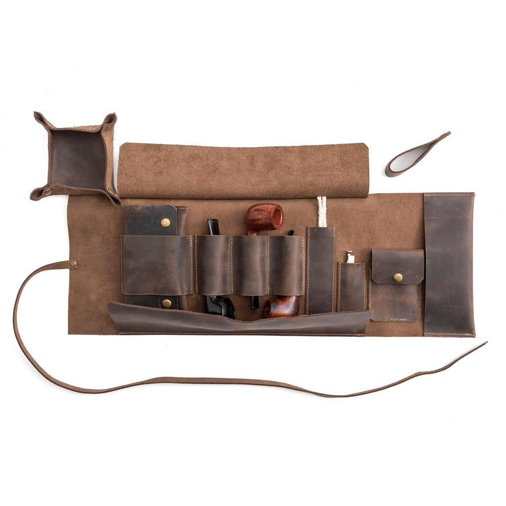 Leather Pipe Pouch for 3-Pipes, Handmade 3-Pipe Rollup Bag, The Pipe Bag, Chestnut