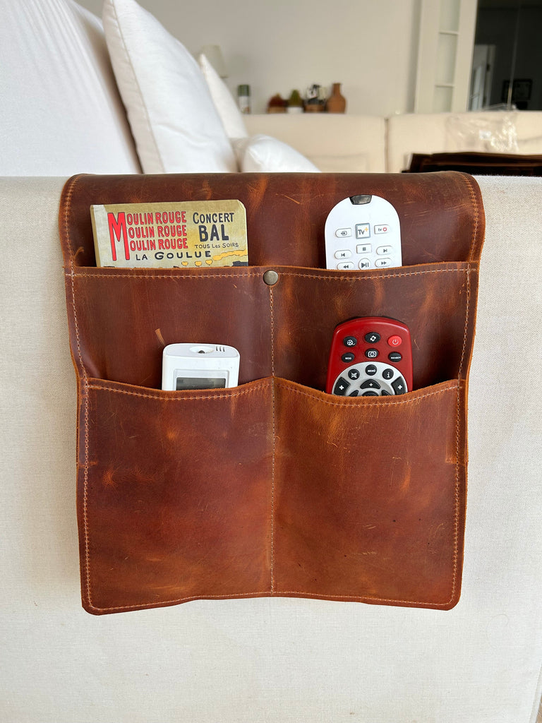 Leather Sofa Armrest Organizer, Handmade Couch & Sofa Caddy with 4 Pockets for Phone, Book, Mini Magazines, Mini Tablets, Remote Controls
