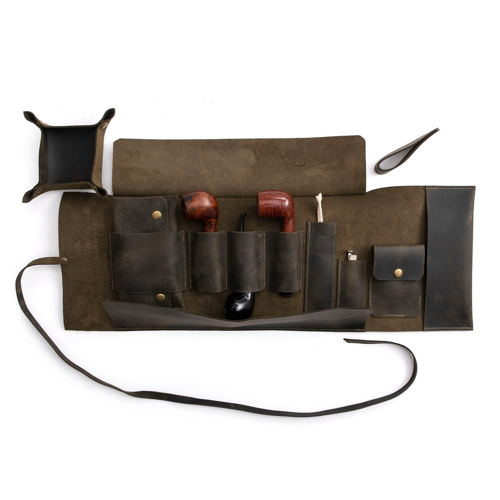 Leather Pipe Pouch for 3-Pipes, Handmade 3-Pipe Rollup Bag, The Pipe Bag, Dark Green