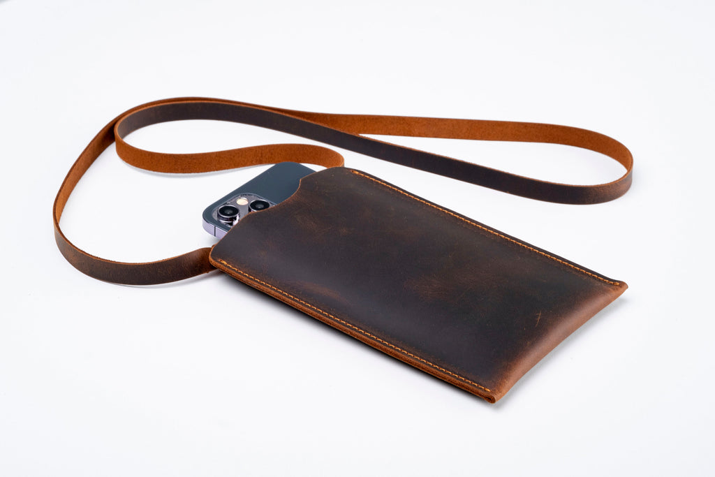 Leather iPhone Case, Handmade Smartphone Bag, Custom Mobile Crossbody, Mobile Mini Case, iPhone Travel Case, Tobacco, Christmas Gift