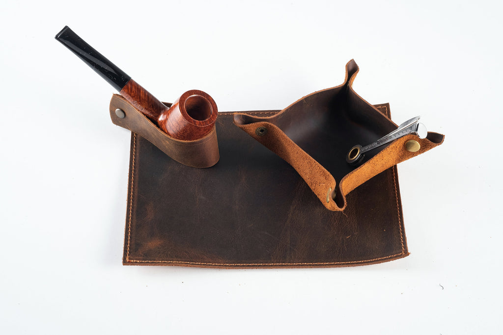 Leather Pipe Accessories Set, Leather Pipe Stand, Leather Valet Tray, Leather Tobacco Mat, The Pipe Smoker's Set