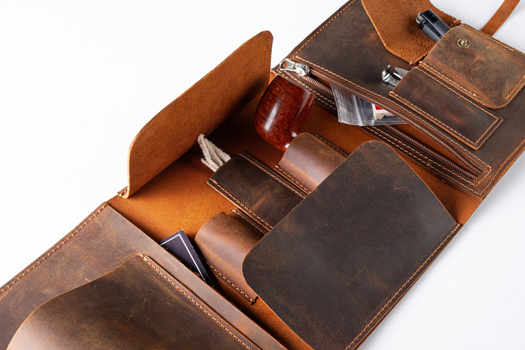 Leather Pipe Roll Premium Set, Handmade Pipe Pouch Bag for 1/2/3-Pipe, Personalized Pipe Tobacco Pouch, Pipe Stand, Valet Tray, Tobacco Mat
