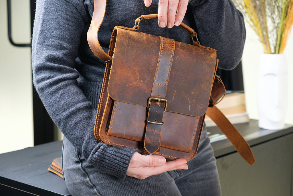Leather Crossbody Bag, Handmade Mini Messenger Bag, Unisex Briefcase, Brown Messenger Bag, Shoulder Bag, Christmas Gift