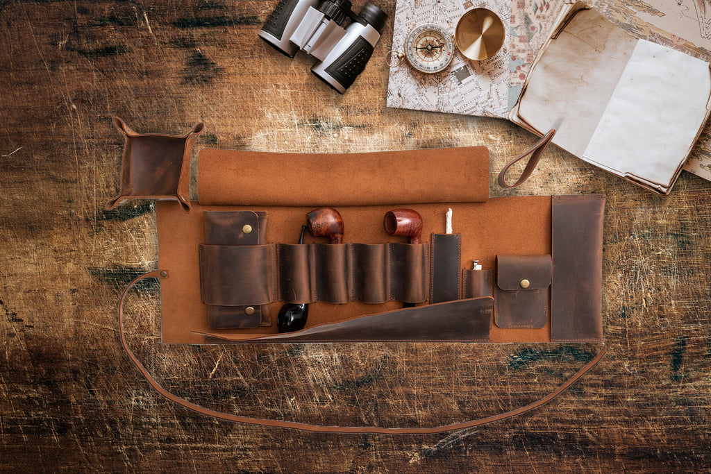 Leather Pipe Pouch for 4-Pipes, Handmade 4-Pipe Rollup Bag, Quadruple-Pipe Roll, Tobacco