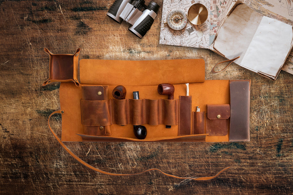 Leather Pipe Pouch for 4-Pipes, Handmade 4-Pipe Rollup Bag, Quadruple-Pipe Roll, Camel