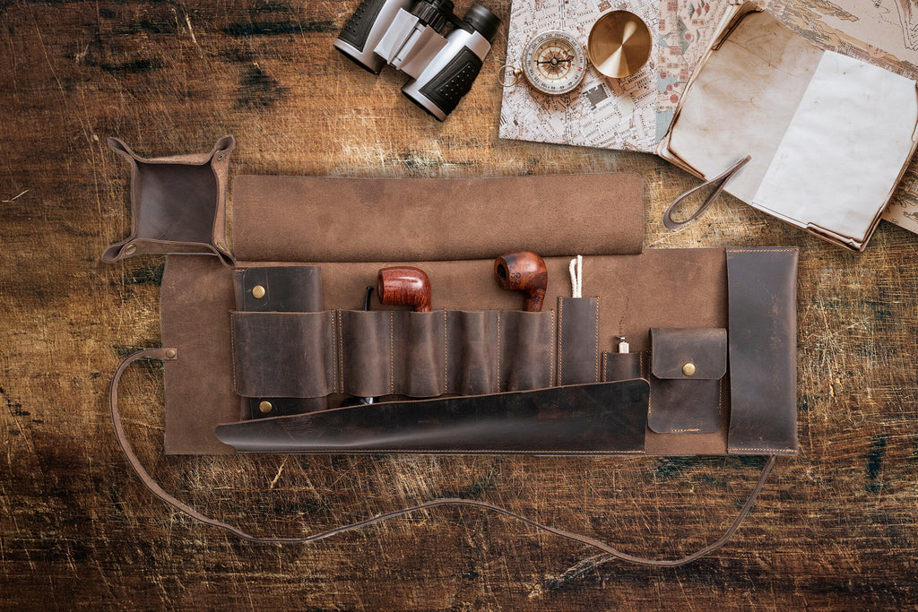 Leather Pipe Pouch for 4-Pipes, Handmade 4-Pipe Rollup Bag, Quadruple-Pipe Roll, Chestnut