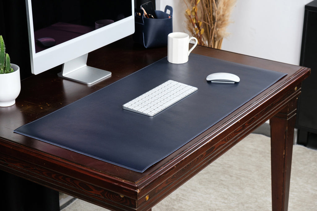 Premium Leather Desk Mat, 2.6 mm Vegetable Tanned Leather Custom Desk Blotter, Personalized Office Desk Pad, Desk Accessories, Navy Blue