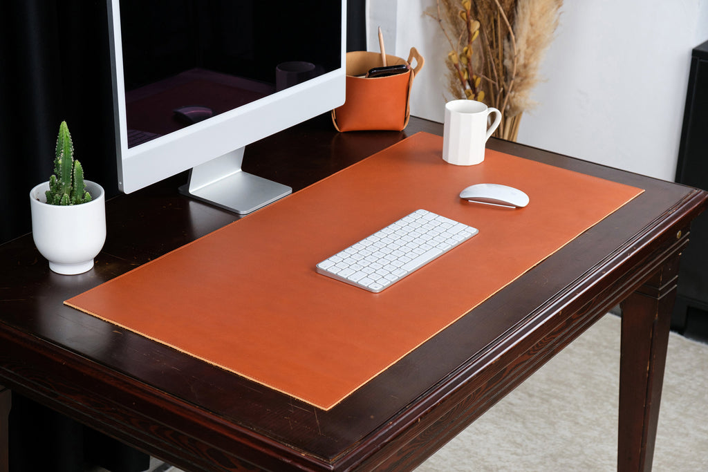 Premium Leather Desk Mat, 2.6 mm Vegetable Tanned Leather Custom Desk Blotter, Personalized Office Desk Pad, Desk Accessories, Cognac