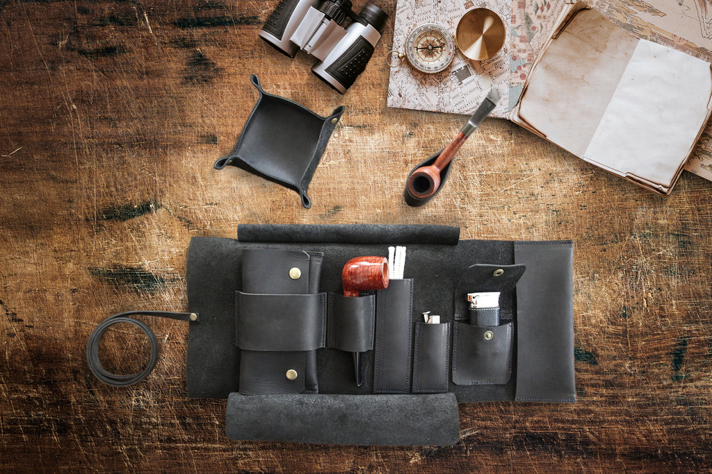 Leather Pipe Pouch for 1-Pipe, Handmade 1-Pipe Rollup Bag, Single-Pipe Rollup Pouch, Matte Black