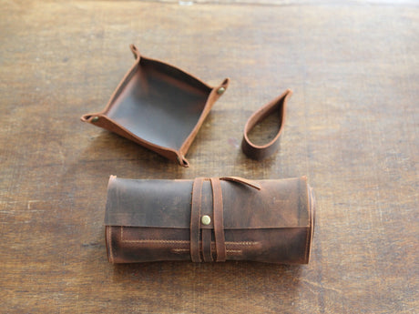Tobacco Leather Pipe Pouch Full Set: Handmade Pipe Rollup Bag Complete Set For The Pipe Smoker
