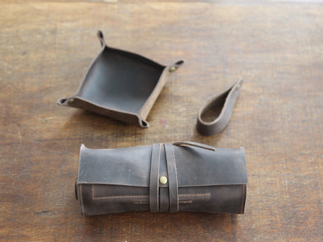 Chestnut Leather Pipe Pouch Full Set: Handmade Pipe Rollup Bag Complete Set For The Pipe Smoker