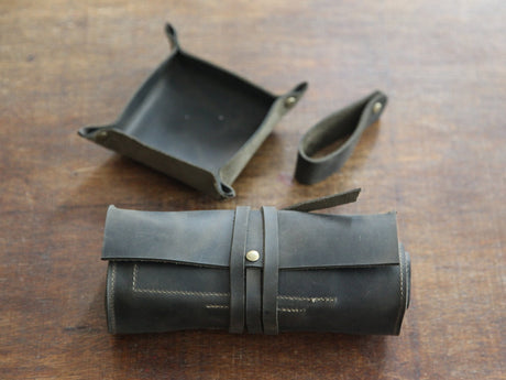 Olive Leather Pipe Pouch Full Set: Handmade Pipe Rollup Bag Complete Set For The Pipe Smoker