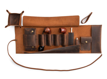 Leather Pipe Pouch for 4-Pipes, Handmade 4-Pipe Rollup Bag, Quadruple-Pipe Roll, Tobacco