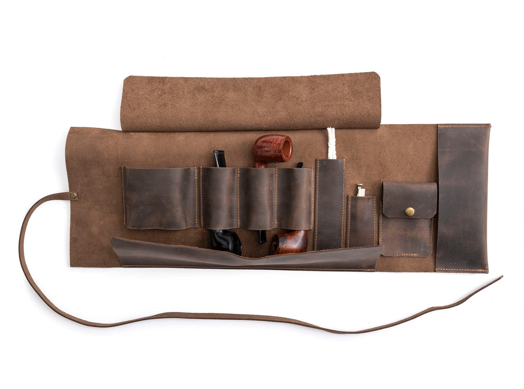 Chestnut Leather Pipe Pouch: Handmade Pipe Bag for 3-Pipes