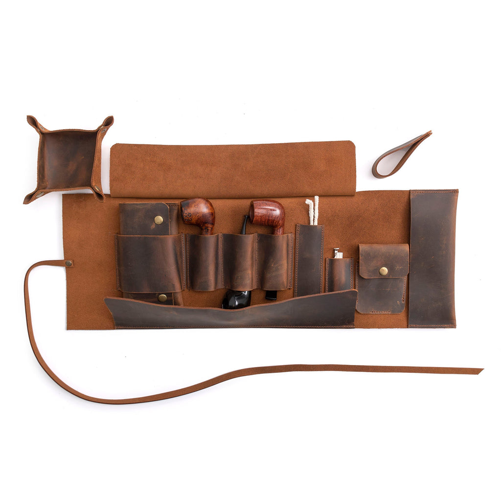 Leather Pipe Pouch for 3-Pipes, Handmade 3-Pipe Rollup Bag, The Pipe Bag, Tobacco