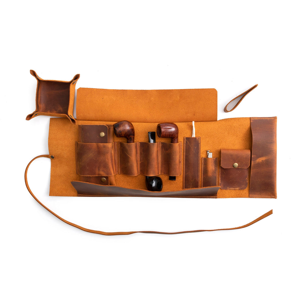 Leather Pipe Pouch for 3-Pipes, Handmade 3-Pipe Rollup Bag, The Pipe Bag, Camel
