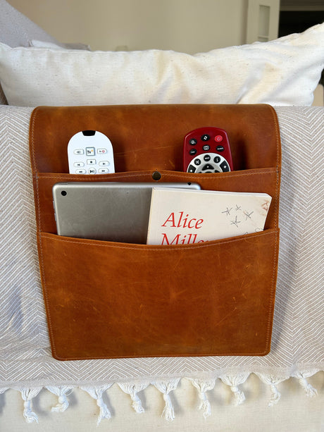 Handmade Leather Couch Armrest Organizer: Sofa Caddy with 3 Pockets for Magazines, Tablets, Remotes