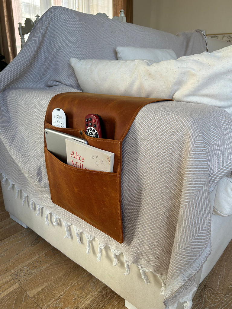 Handmade Leather Couch Armrest Organizer: Sofa Caddy with 3 Pockets for Magazines, Tablets, Remotes