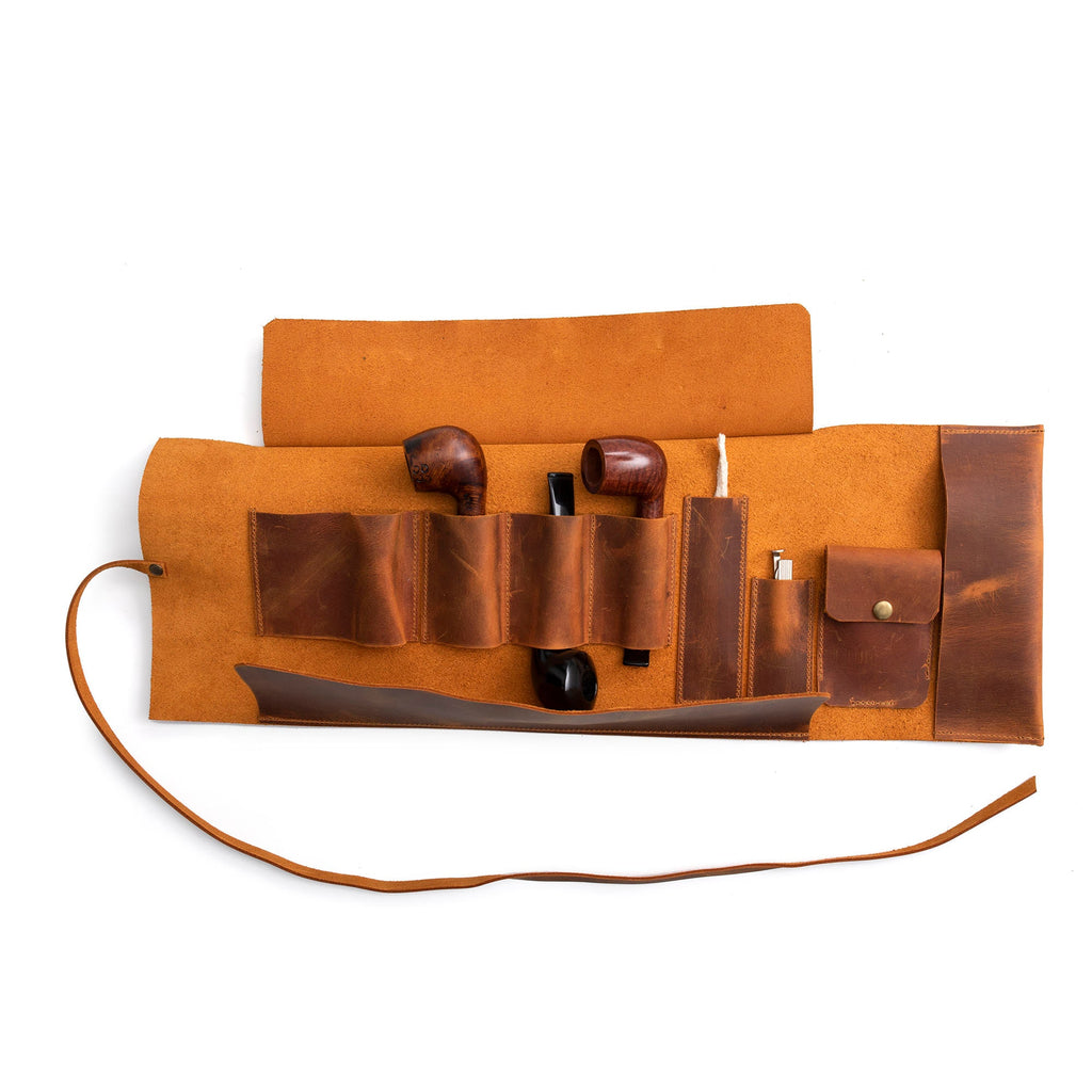 Camel Leather Pipe Pouch: Handmade Pipe Bag for 3-Pipes