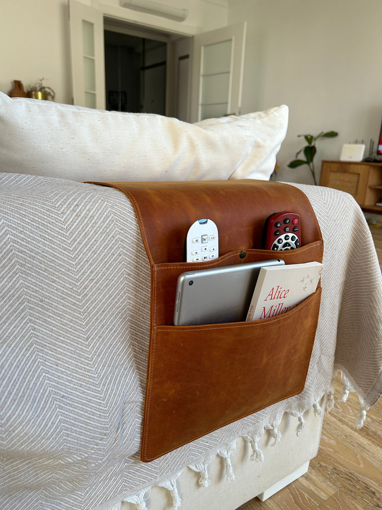 Handmade Leather Couch Armrest Organizer: Sofa Caddy with 3 Pockets for Magazines, Tablets, Remotes