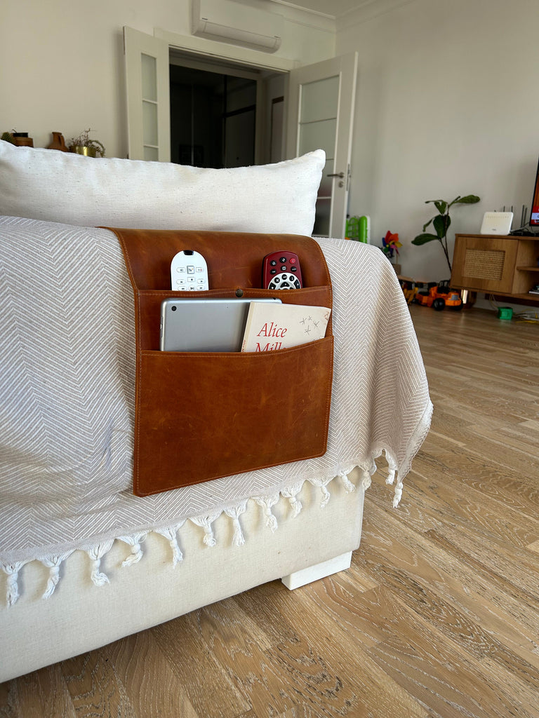 Handmade Leather Couch Armrest Organizer: Sofa Caddy with 3 Pockets for Magazines, Tablets, Remotes
