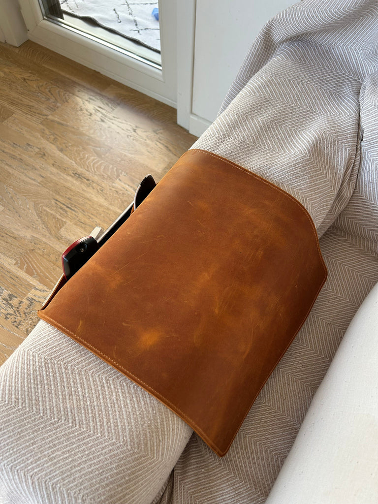 Handmade Leather Couch Armrest Organizer: Sofa Caddy with 3 Pockets for Magazines, Tablets, Remotes
