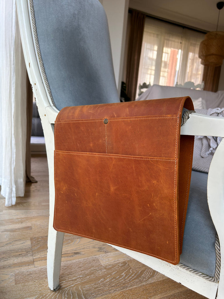 Handmade Leather Couch Armrest Organizer: Sofa Caddy with 3 Pockets for Magazines, Tablets, Remotes
