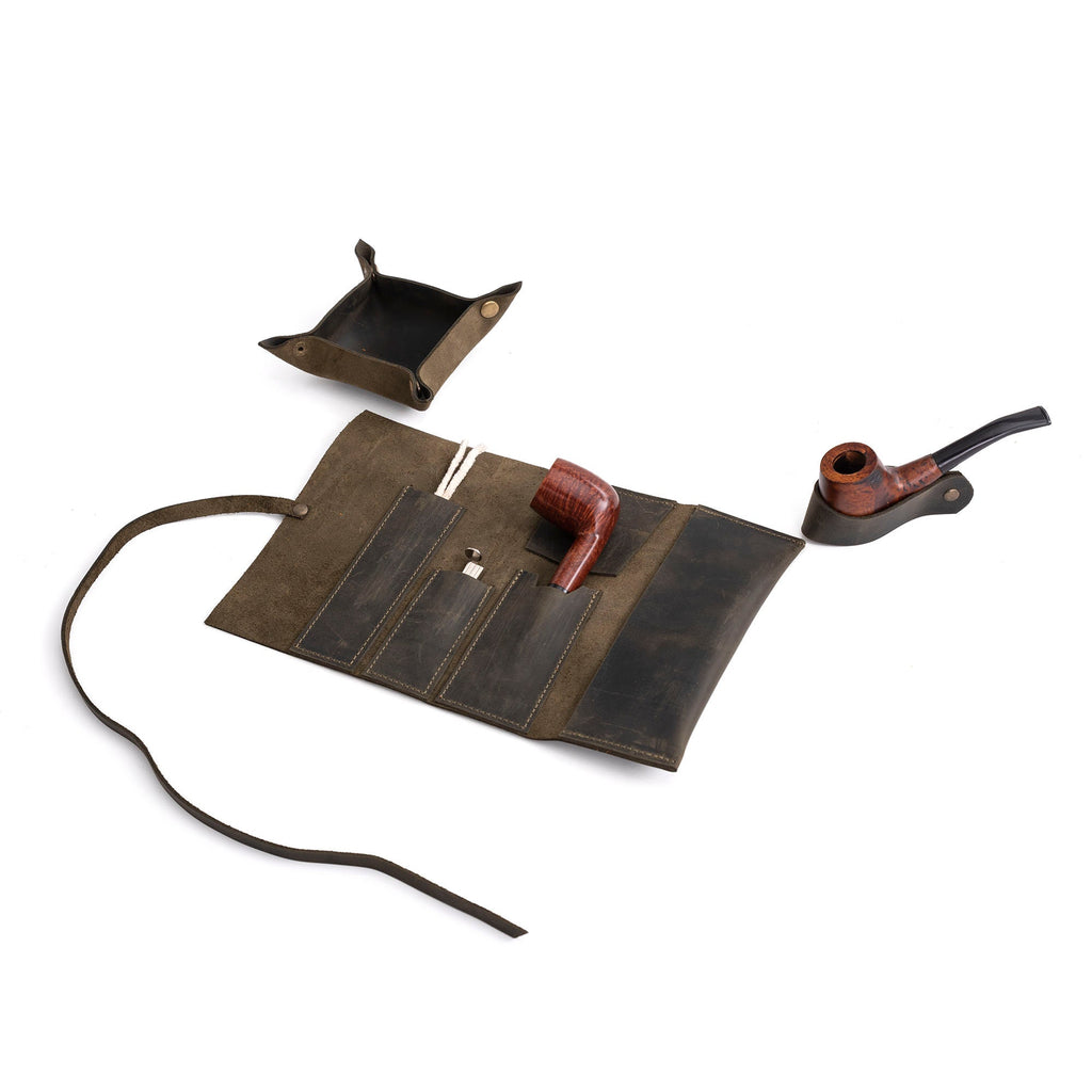 Olive Leather Mini Pipe Pouch: Handmade Pocketsize Pipe Bag for 1-Pipe