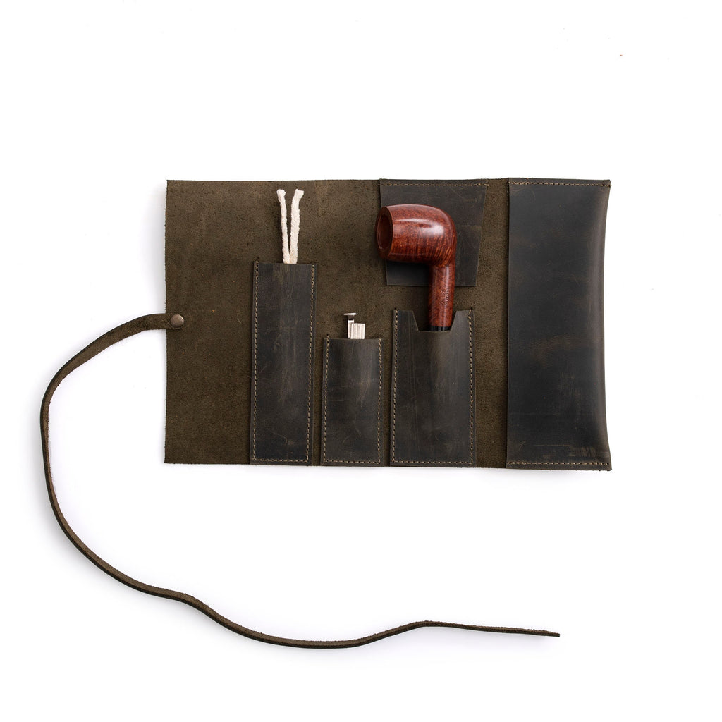 Olive Leather Mini Pipe Pouch: Handmade Pocketsize Pipe Bag for 1-Pipe