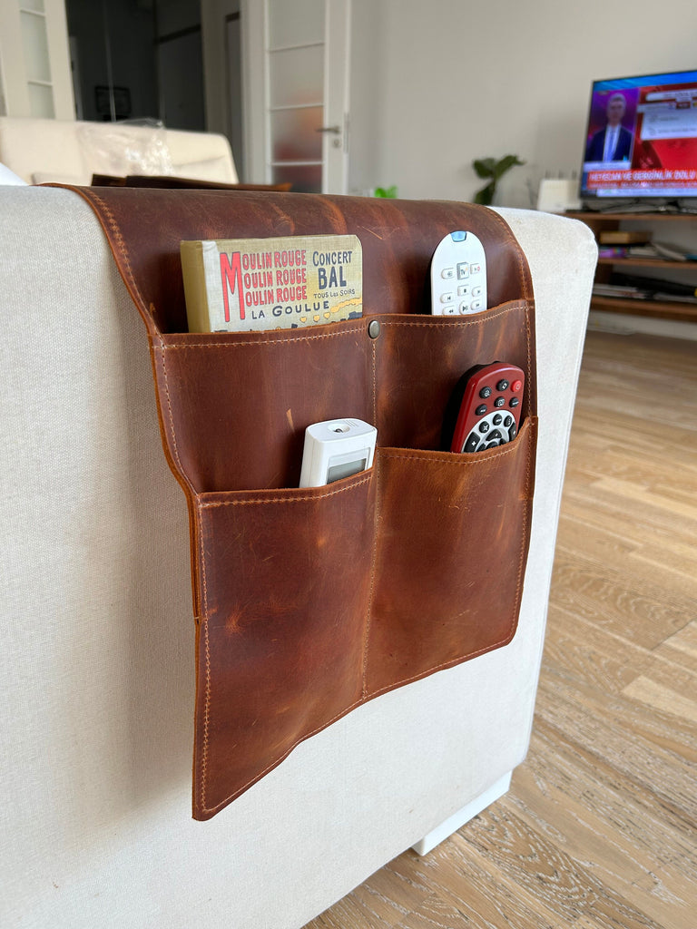 Handmade Leather Sofa Armrest Organizer: Couch Caddy with 4 Pockets for Magazines, Tablets, Remotes