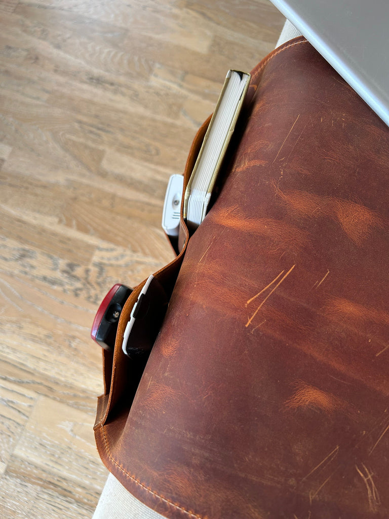 Handmade Leather Sofa Armrest Organizer: Couch Caddy with 4 Pockets for Magazines, Tablets, Remotes