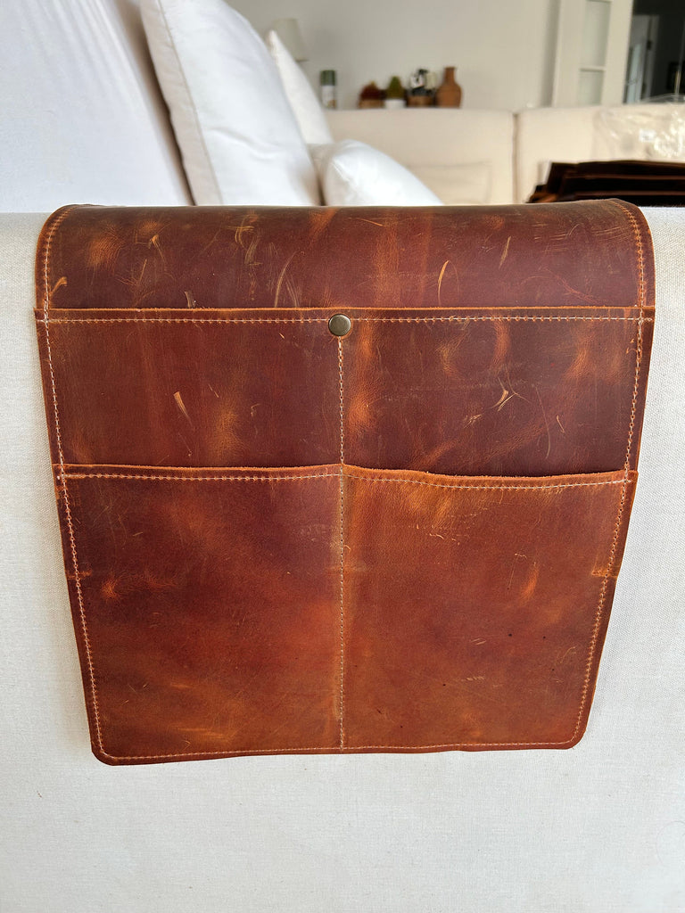 Handmade Leather Sofa Armrest Organizer: Couch Caddy with 4 Pockets for Magazines, Tablets, Remotes