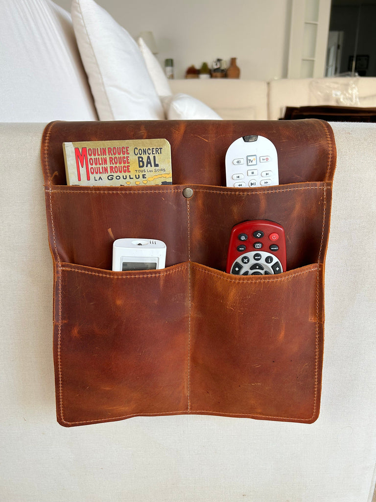 Handmade Leather Sofa Armrest Organizer: Couch Caddy with 4 Pockets for Magazines, Tablets, Remotes