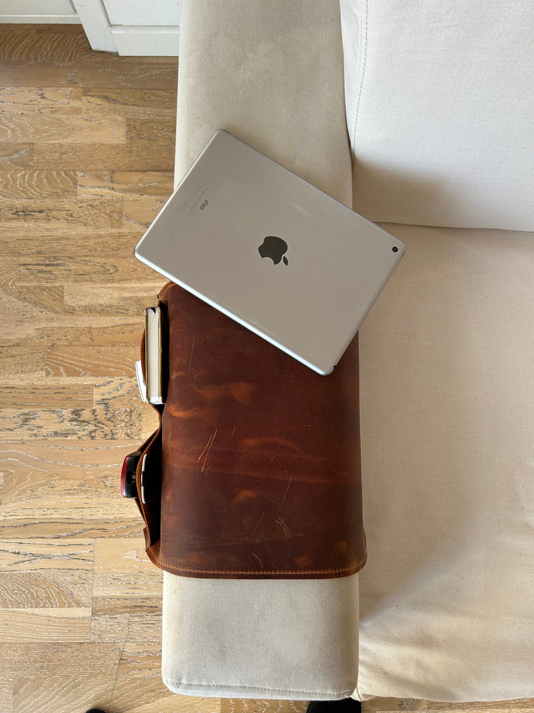Handmade Leather Sofa Armrest Organizer: Couch Caddy with 4 Pockets for Magazines, Tablets, Remotes