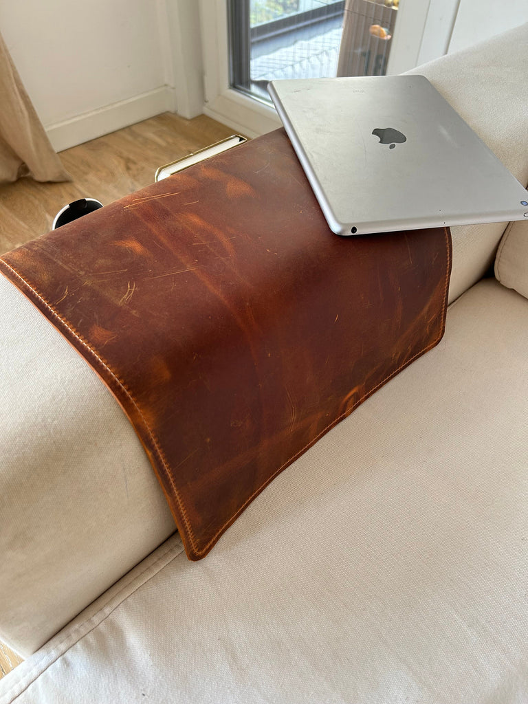 Handmade Leather Sofa Armrest Organizer: Couch Caddy with 4 Pockets for Magazines, Tablets, Remotes