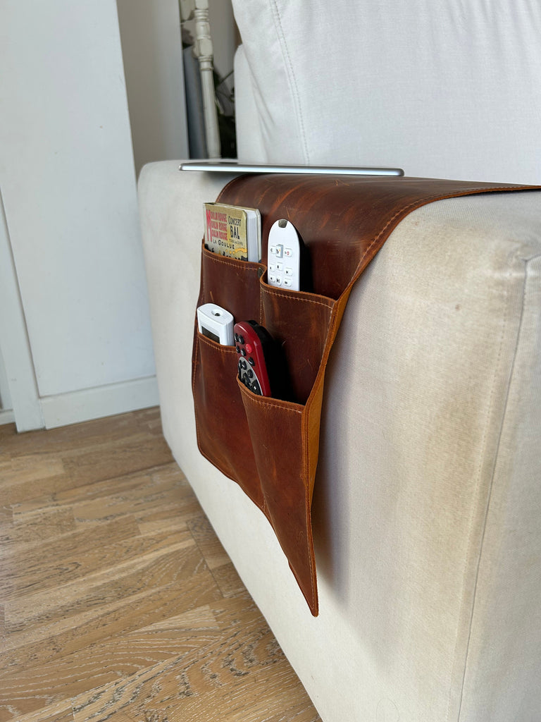 Handmade Leather Sofa Armrest Organizer: Couch Caddy with 4 Pockets for Magazines, Tablets, Remotes