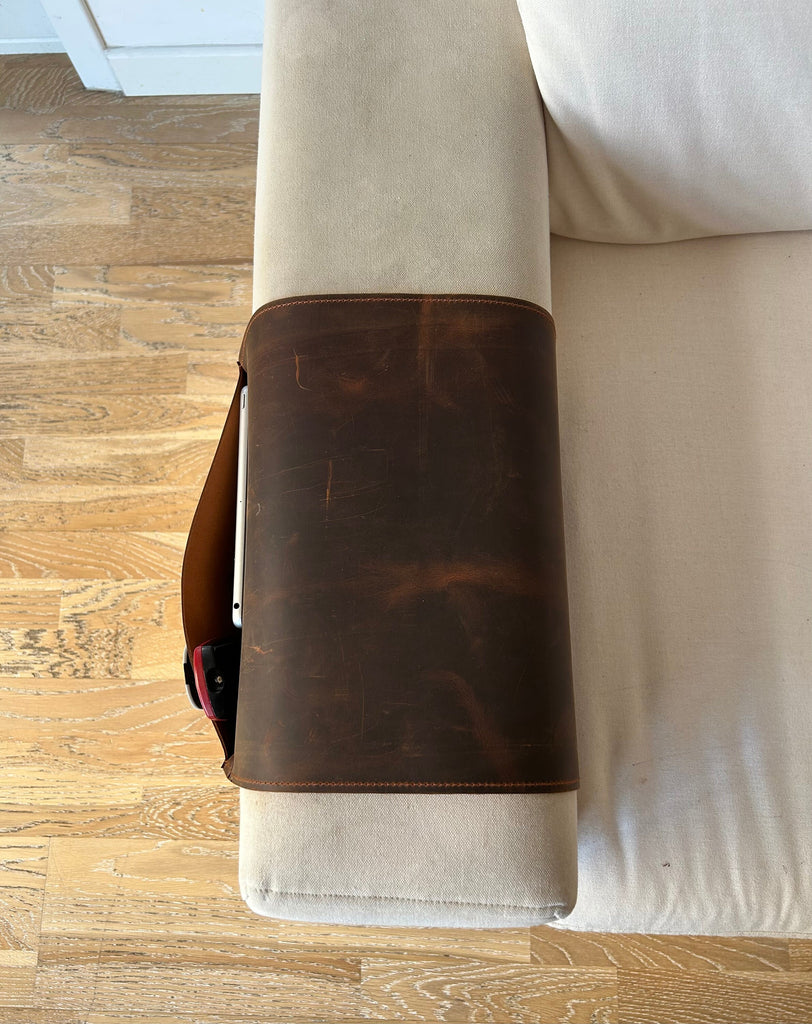 Handmade Leather Sofa Armrest Organizer: Couch Caddy with Pockets